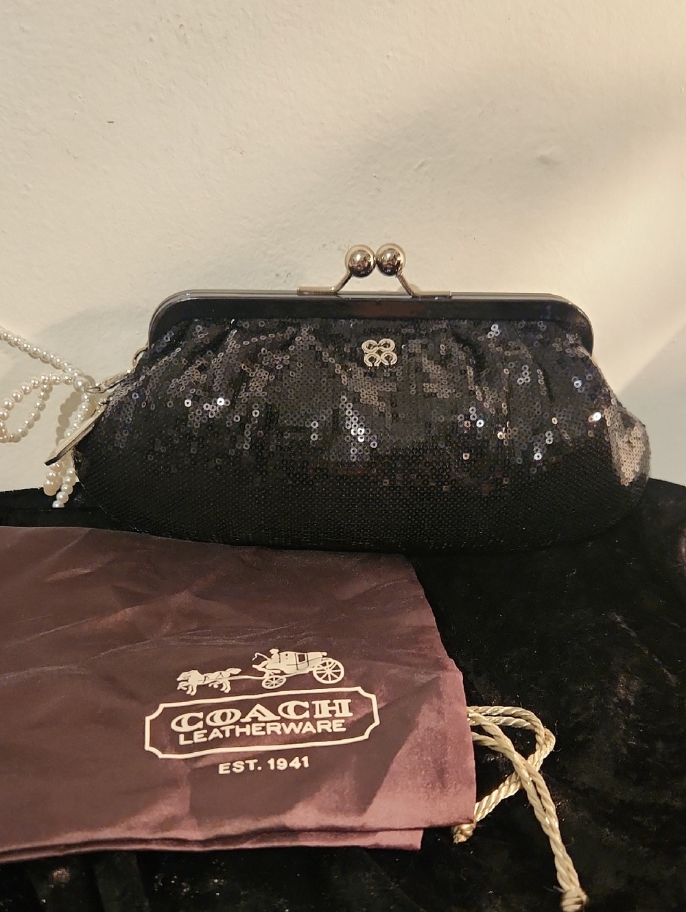 Coach Black Sequin Kisslock Clutch With Coach Brown Dust Bag